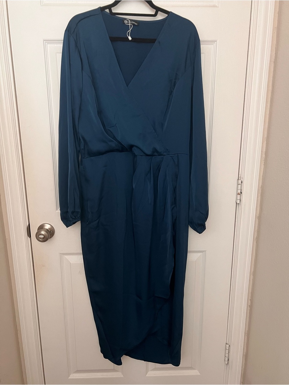 Long Sleeve Teal Wrap-Front Midi Dress